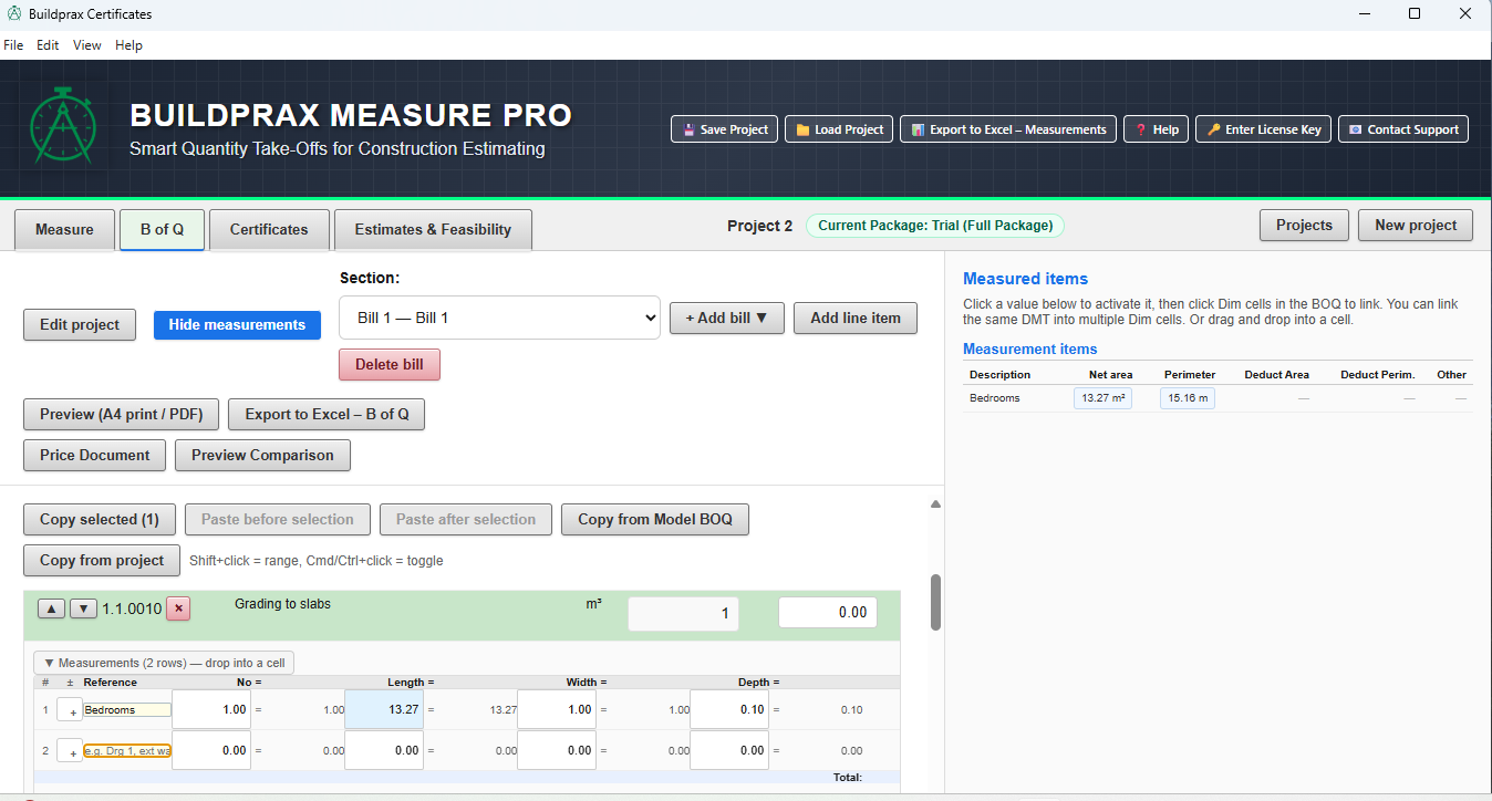 Bills of Quantities workspace