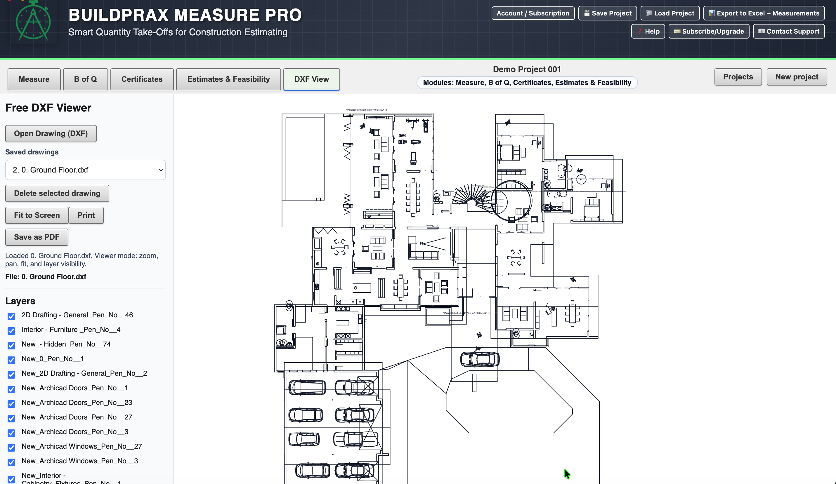 Buildprax DXF viewer showing drawing layers and drawing viewport