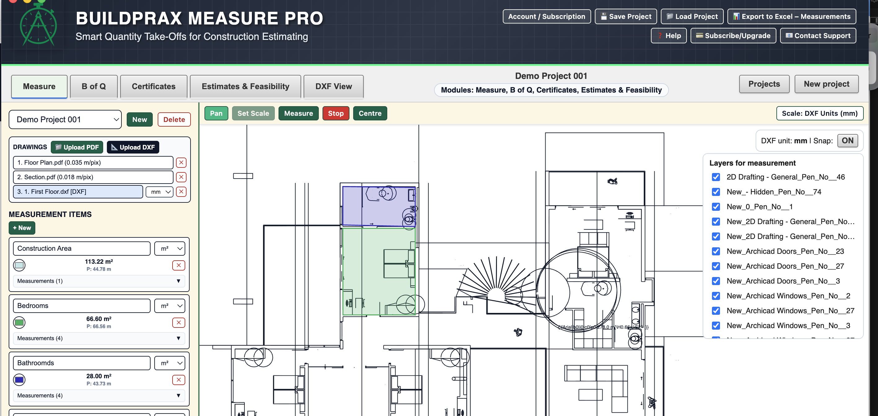 Buildprax showing PDF and DXF measurement workflow with linked quantities