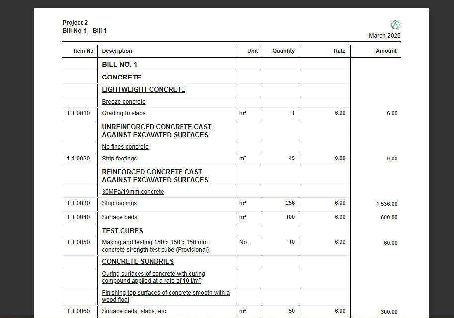 Sample bill of quantities