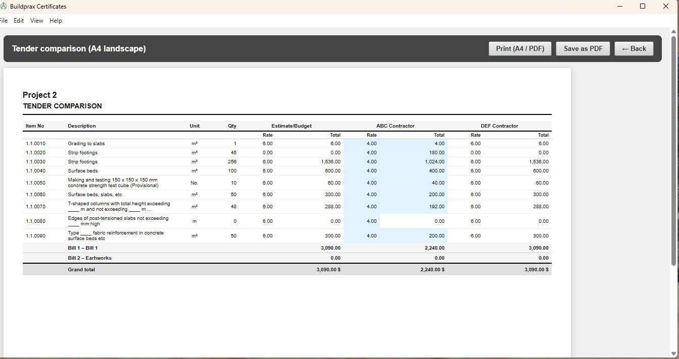 Tender comparison view